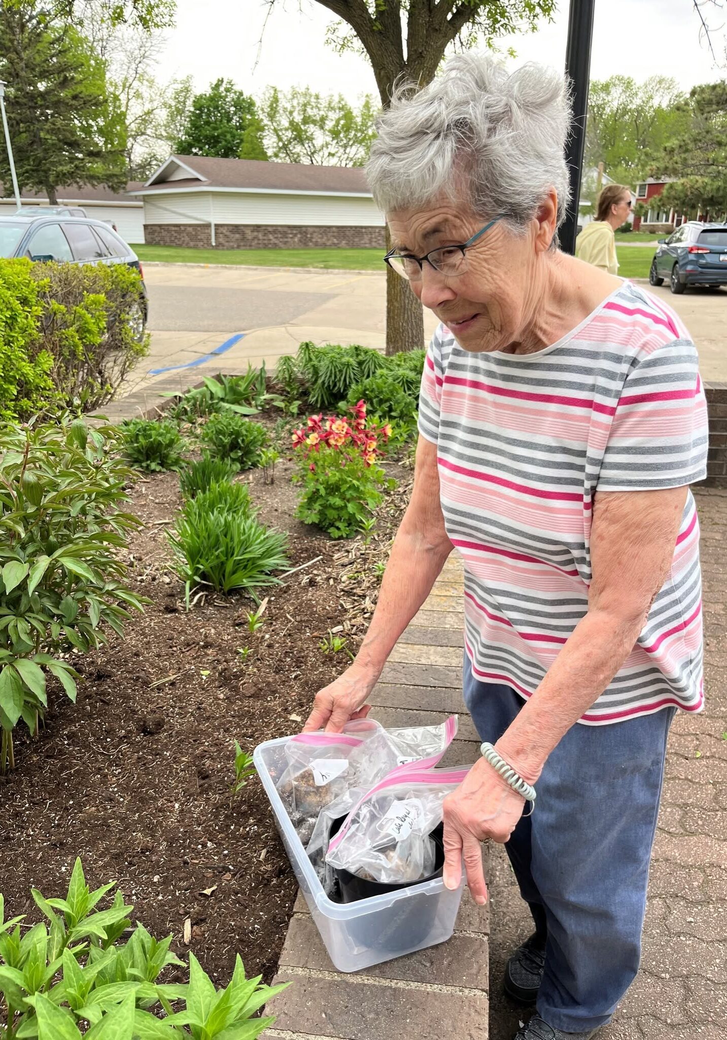 an elder woman planting flowers